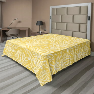Ambesonne Floral Flat Sheet, Ikat Damask Floral Graphic, Queen Size, Mustard Ivory