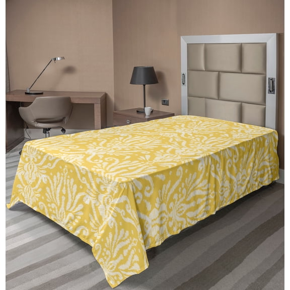 Ambesonne Floral Flat Sheet, Ikat Damask Floral Graphic, TwinXL Size, Mustard Ivory