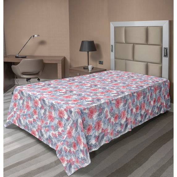 Ambesonne Floral Flat Sheet, Intertwined Lily Lotus Flora, TwinXL Size, Ceil Blue Dark Coral