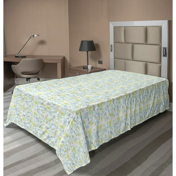 Ambesonne Floral Flat Sheet, Ivy Branch and Flowers, TwinXL Size, White Grey Yellow Green