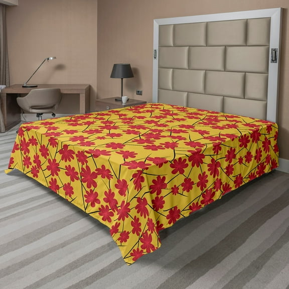 Ambesonne Floral Flat Sheet, Japanese Blossom Sakura, California King, Earth Yellow Dark Brown