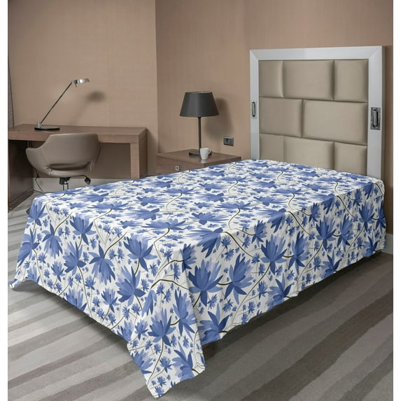 Ambesonne Floral Flat Sheet, Japanese Lotus Flowers Image, TwinXL Size, White and Ceil Blue