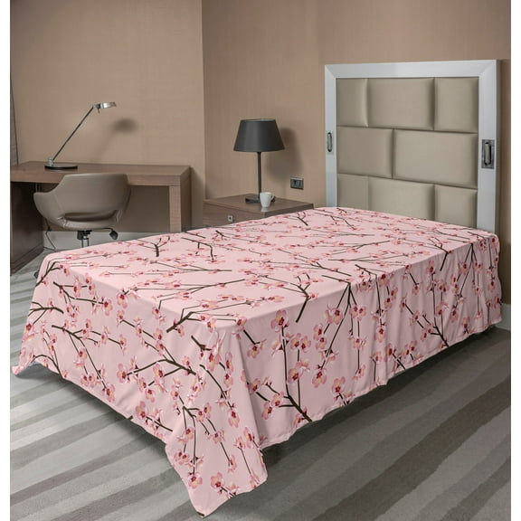 Ambesonne Floral Flat Sheet, Japanese Momo Tree Branches, Twin Size, Rose and Dark Cocoa