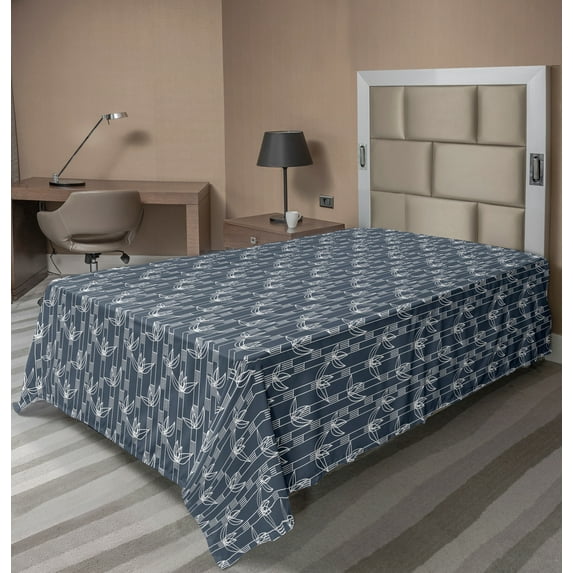 Ambesonne Floral Flat Sheet, Japanese Striped Graphic, Twin Size, Charcoal Grey Dark Blue