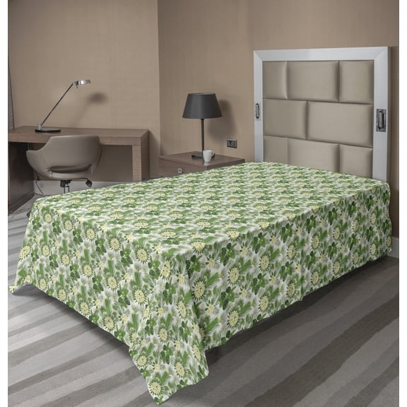Ambesonne Floral Flat Sheet, Jungle Setting in Summer, Twin Size, Fern Green Cream