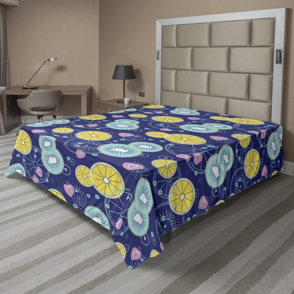 Ambesonne Floral Flat Sheet, Kiwi Orange Strawberry Art, Queen Size, Dark Lavender and Multicolor