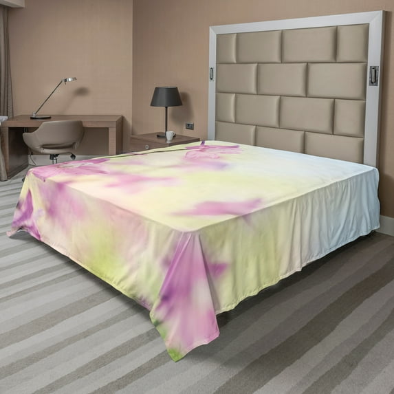 Ambesonne Floral Flat Sheet, Larkspur Petals Summer, Full Size, Pale Green Pale Pink