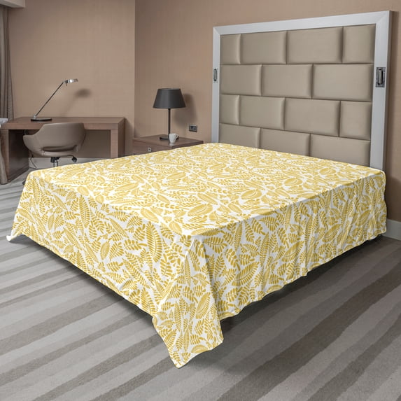 Ambesonne Floral Flat Sheet, Laurel Leaf Branches Pattern, King Size, Pale Earth Yellow White