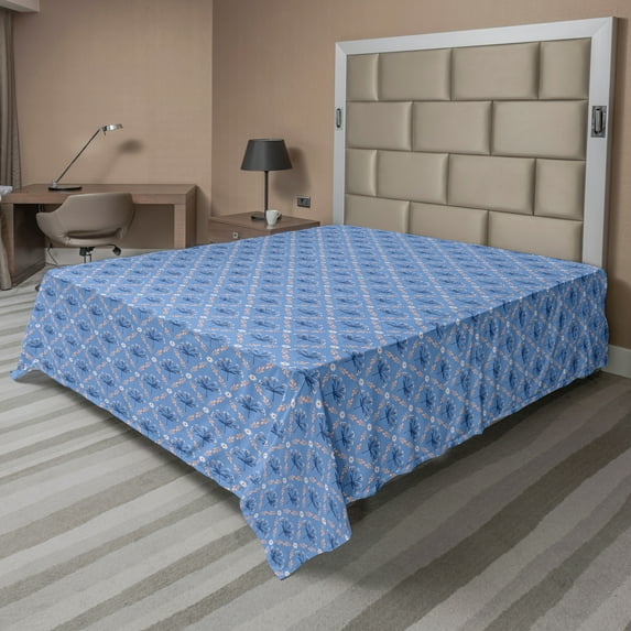 Ambesonne Floral Flat Sheet, Laurel Leaves Blue Peach, Full Size, Ceil Blue Peach