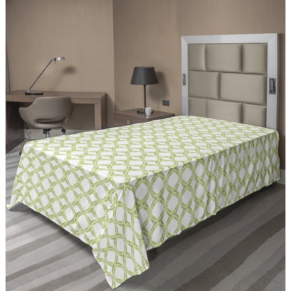 Ambesonne Floral Flat Sheet, Laurel Wreath Illustrations, TwinXL Size, Lime Green Yellow Green