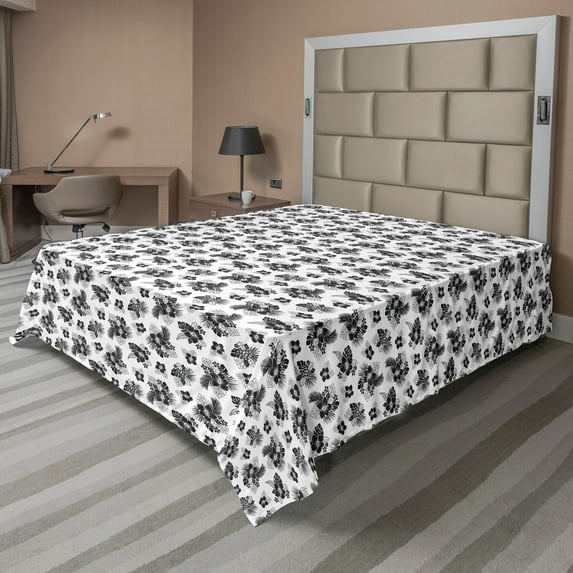 Ambesonne Floral Flat Sheet, Leafy Hibiscus Pansies Art, California King, Charcoal Grey and White