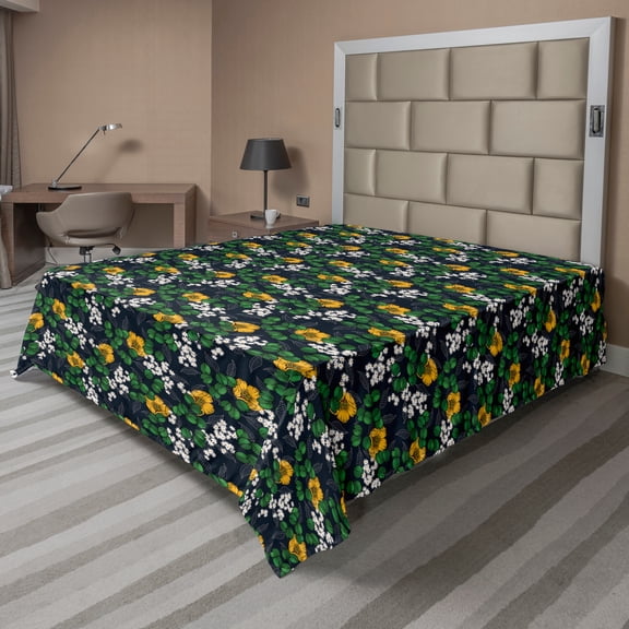 Ambesonne Floral Flat Sheet, Leaves Daisy and Poppies, Queen Size, Charcoal Grey Multicolor