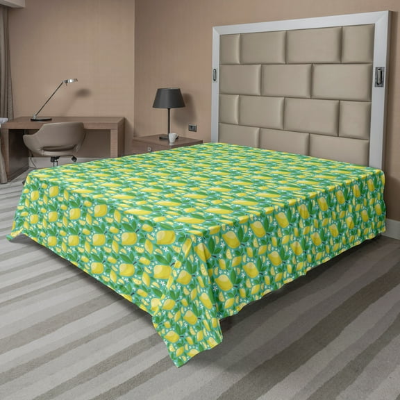 Ambesonne Floral Flat Sheet, Lemons Leaves and Flowers, California King, Seafoam Green and Yellow