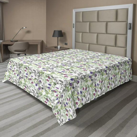 Ambesonne Floral Flat Sheet, Lilac Wild Flowers Design, Queen Size, Green Pale Fuchsia