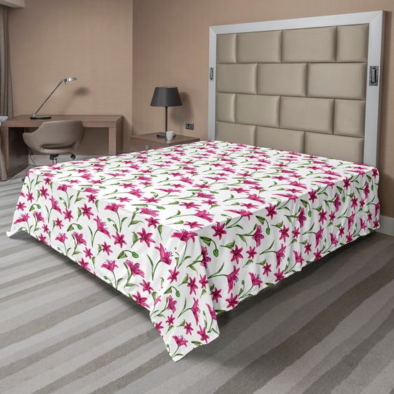 Ambesonne Floral Flat Sheet, Lily Blossoms Garden Art, Full Size, Magenta Green and White
