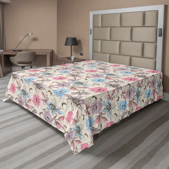 Ambesonne Floral Flat Sheet, Lily and Poppies Sketch, California King, Multicolor