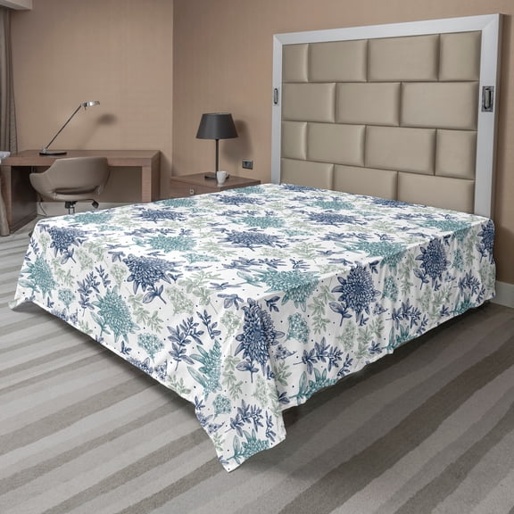 Ambesonne Floral Flat Sheet, Linear Flowers Leaves Dots, California King, Multicolor