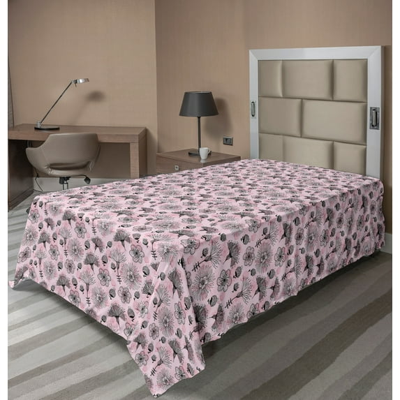 Ambesonne Floral Flat Sheet, Lineart Bloom Flowers Scene, TwinXL Size, Pale Pink Charcoal Grey