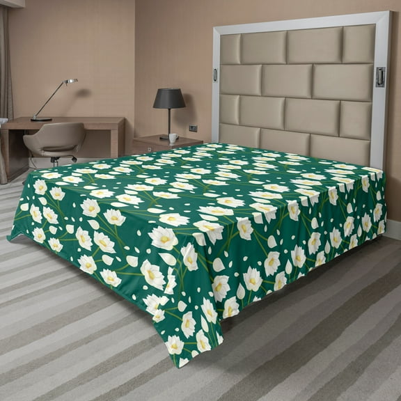 Ambesonne Floral Flat Sheet, Lotus Flower Petals and Stem, Full Size, Forest Green Multicolor
