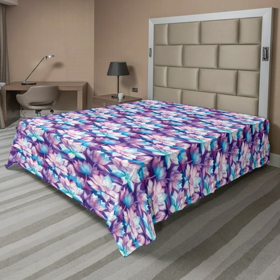Ambesonne Floral Flat Sheet, Lotus Flower and Buds Motifs, Queen Size, Fuchsia and Lavender