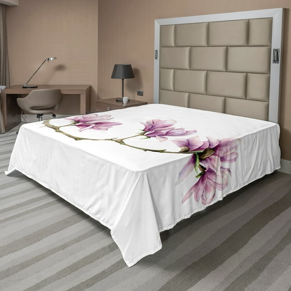 Ambesonne Floral Flat Sheet, Magnolia on a Branch, Full Size, Pale Fuchsia Multicolor