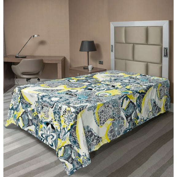 Ambesonne Floral Flat Sheet, Mandala Vintage Style, TwinXL Size, Yellow Blue