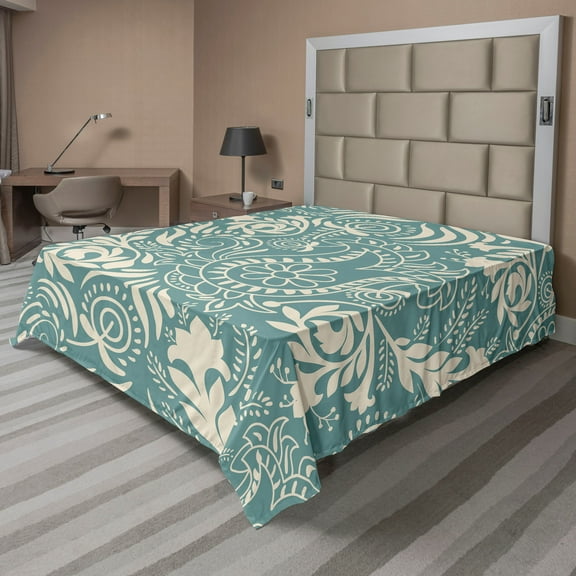 Ambesonne Floral Flat Sheet, Marrakech Paisley, King Size, Teal and Beige