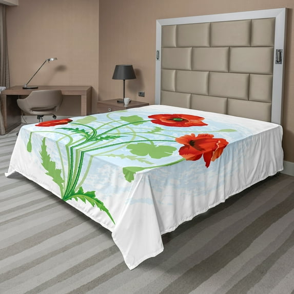 Ambesonne Floral Flat Sheet, Meadow Flower Bouquet, Queen Size, Fern Green Pale Blue