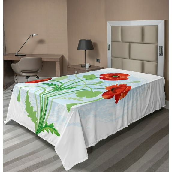 Ambesonne Floral Flat Sheet, Meadow Flower Bouquet, Twin Size, Fern Green Pale Blue