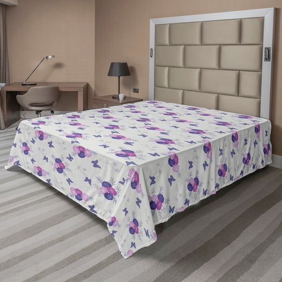 Ambesonne Floral Flat Sheet, Meadow Flowers Butterflies, King Size, Fuchsia Violet