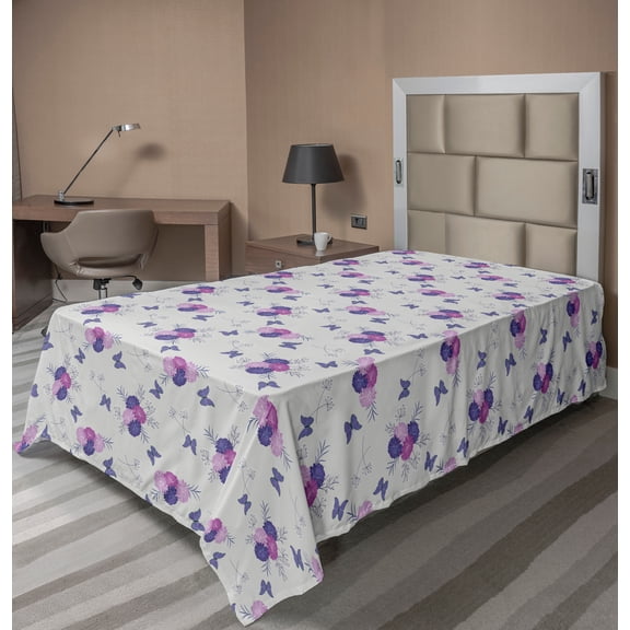 Ambesonne Floral Flat Sheet, Meadow Flowers Butterflies, TwinXL Size, Fuchsia Violet