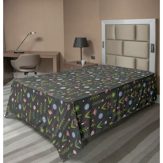 Ambesonne Floral Flat Sheet, Minimal Cartoon Flowers, TwinXL Size, Olive Green Dried Rose