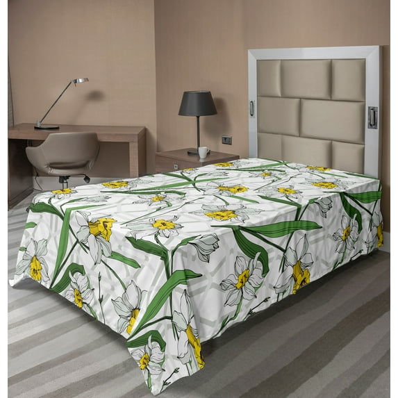 Ambesonne Floral Flat Sheet, Modern Narcissus Blossoms, Twin Size, Yellow Green and Pearl