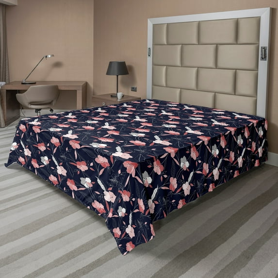 Ambesonne Floral Flat Sheet, Modernistic Delicate Flowers, Full Size, Indigo Pale Ruby