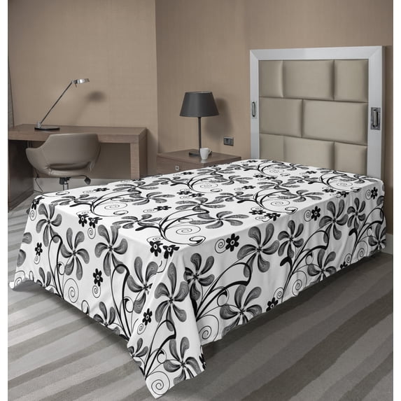 Ambesonne Floral Flat Sheet, Monochrome Doodle Plants, Twin Size, Black White