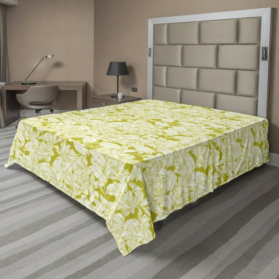 Ambesonne Floral Flat Sheet, Monochrome Flower Silhouette, Full Size, Khaki and White
