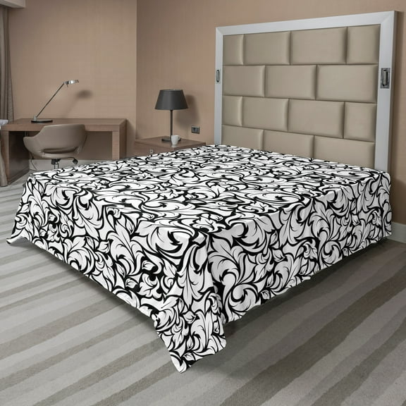 Ambesonne Floral Flat Sheet, Monochrome Leaves Garden, Full Size, Black White