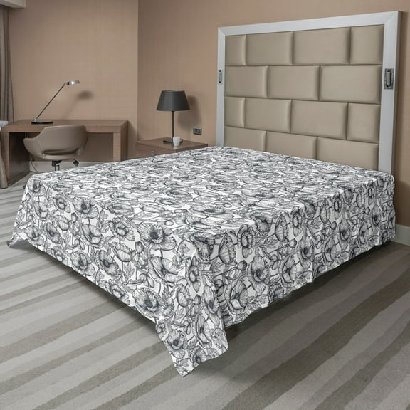Ambesonne Floral Flat Sheet, Monochrome Poppy Sketch Art, Full Size, Dark Blue Grey and White