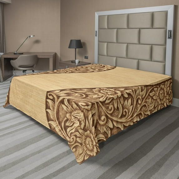 Ambesonne Floral Flat Sheet, Monochrome Tones Ornate Wood, California King, Brown and Khaki