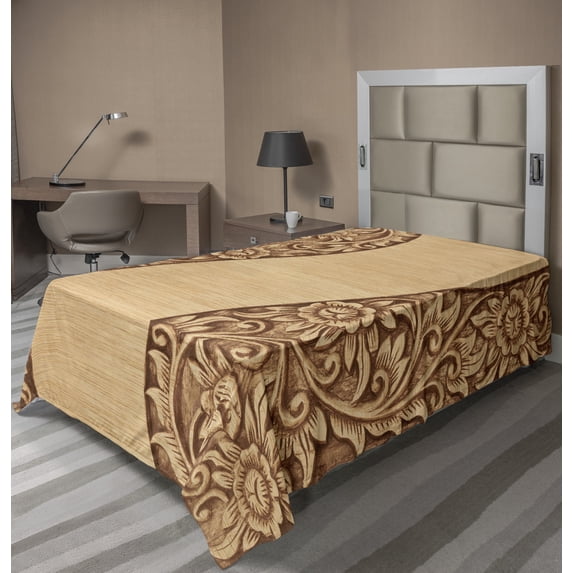 Ambesonne Floral Flat Sheet, Monochrome Tones Ornate Wood, TwinXL Size, Brown and Khaki