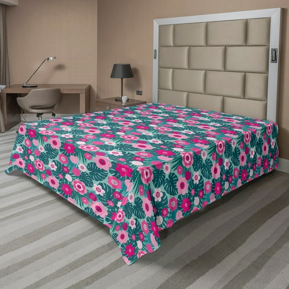 Ambesonne Floral Flat Sheet, Monstera Leaf Pink Flowers, Queen Size, Pale Petrol Blue Teal