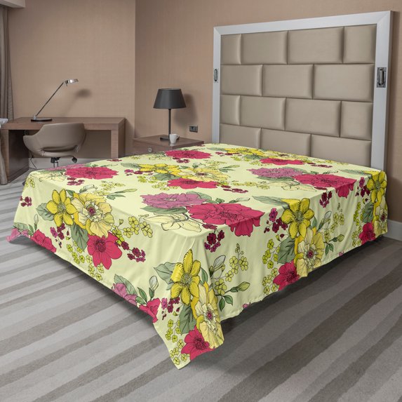 Ambesonne Floral Flat Sheet, Naive Nature Flowers Art, Full Size, Pastel Green Multicolor