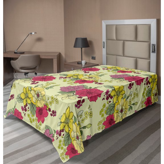 Ambesonne Floral Flat Sheet, Naive Nature Flowers Art, Twin Size, Pastel Green Multicolor