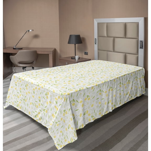 Ambesonne Floral Flat Sheet, Narcissus and Dots Pattern, TwinXL Size, Pastel Yellow Pale Green