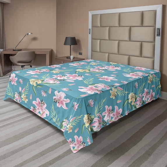 Ambesonne Floral Flat Sheet, Natural Lily Flower Patterns, California King, Pale Pink Rose