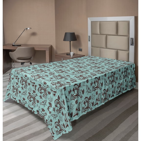 Ambesonne Floral Flat Sheet, Nature Birds, TwinXL Size, Pale Blue Brown