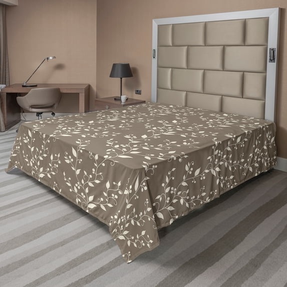 Ambesonne Floral Flat Sheet, Nature Inspiration Berry, California King, Taupe Cream