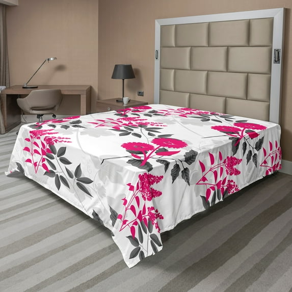 Ambesonne Floral Flat Sheet, Nostalgic Leaf and Flowers, Full Size, Magenta Dark Grey White