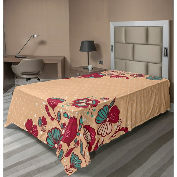 Ambesonne Floral Flat Sheet, Nostalgic Polka Dots, Twin Size, Teal Ruby Salmon