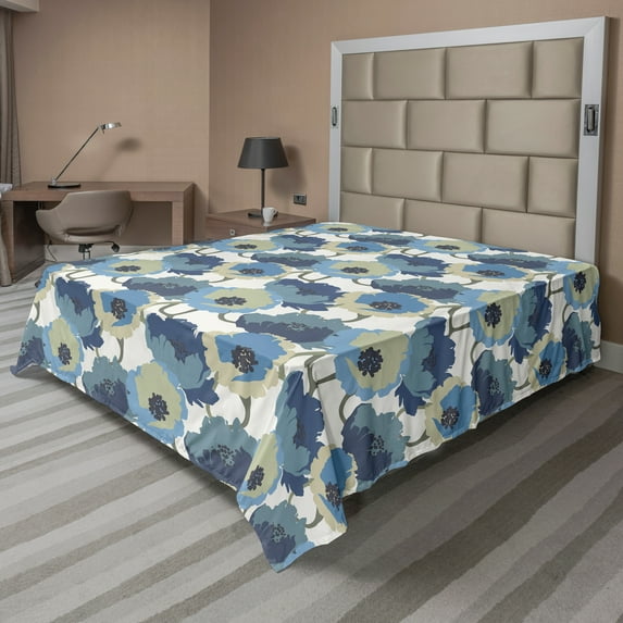 Ambesonne Floral Flat Sheet, Ombre Romantic Flowers, King Size, Grey Navy